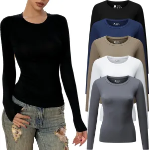 Women's Casual Basic Crop Tops Y2K Slim Fit Long Sleeve Crew Neck Tight Fall T Shirts 5packs 2024