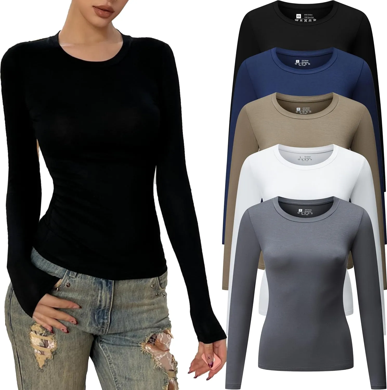Women's Casual Basic Crop Tops Y2K Slim Fit Long Sleeve Crew Neck Tight Fall T Shirts 5packs 2024