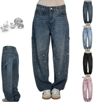 Women's Casual Rhinestone Loose Harem Jeans, High Waisted Straight Wide Leg Pants, Rhinestone Denim Pants for Women