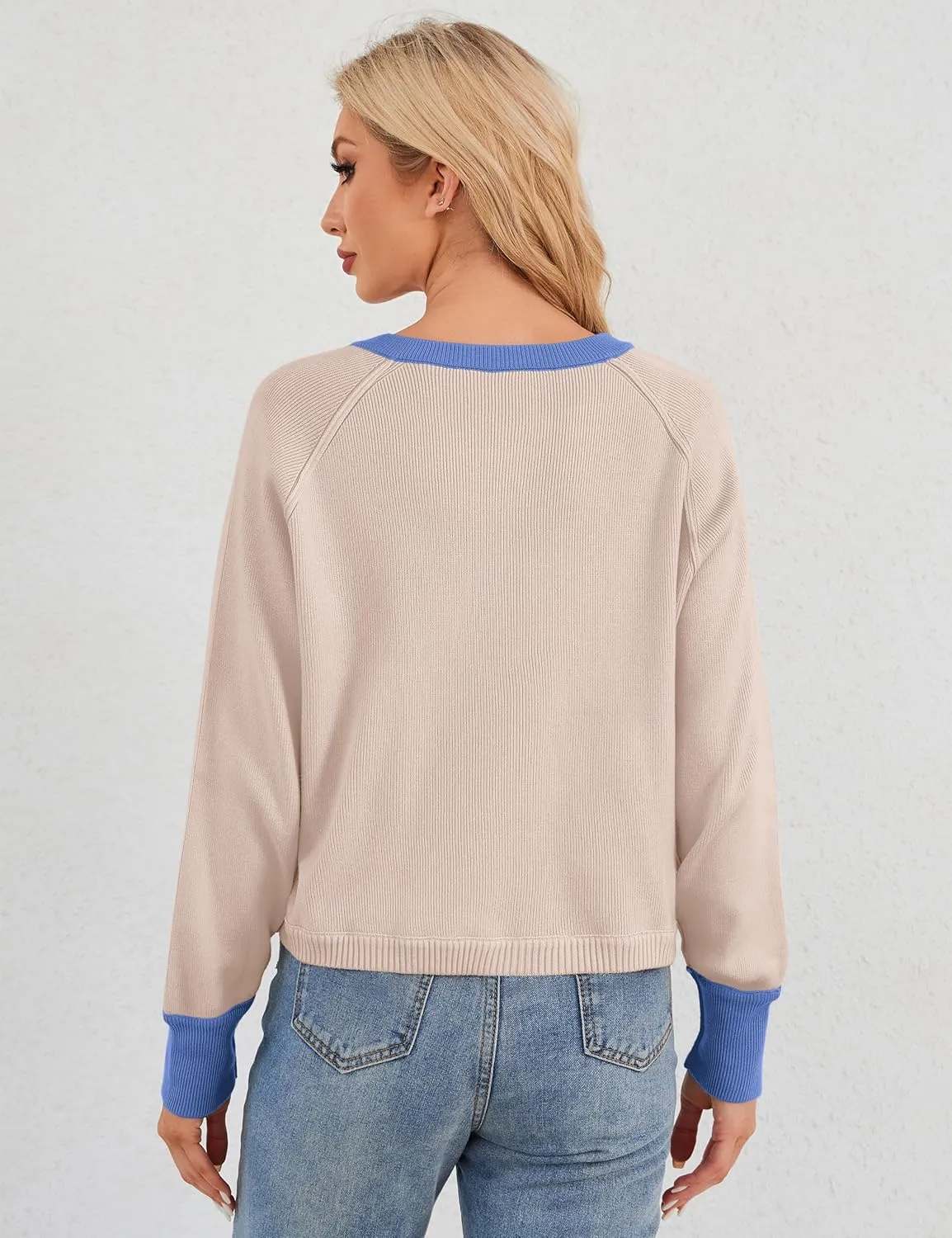Women's Color Block Button Down Cardigan Sweaters Long Sleeve Slim Fit Trendy Round Neck Knitted Cardigans