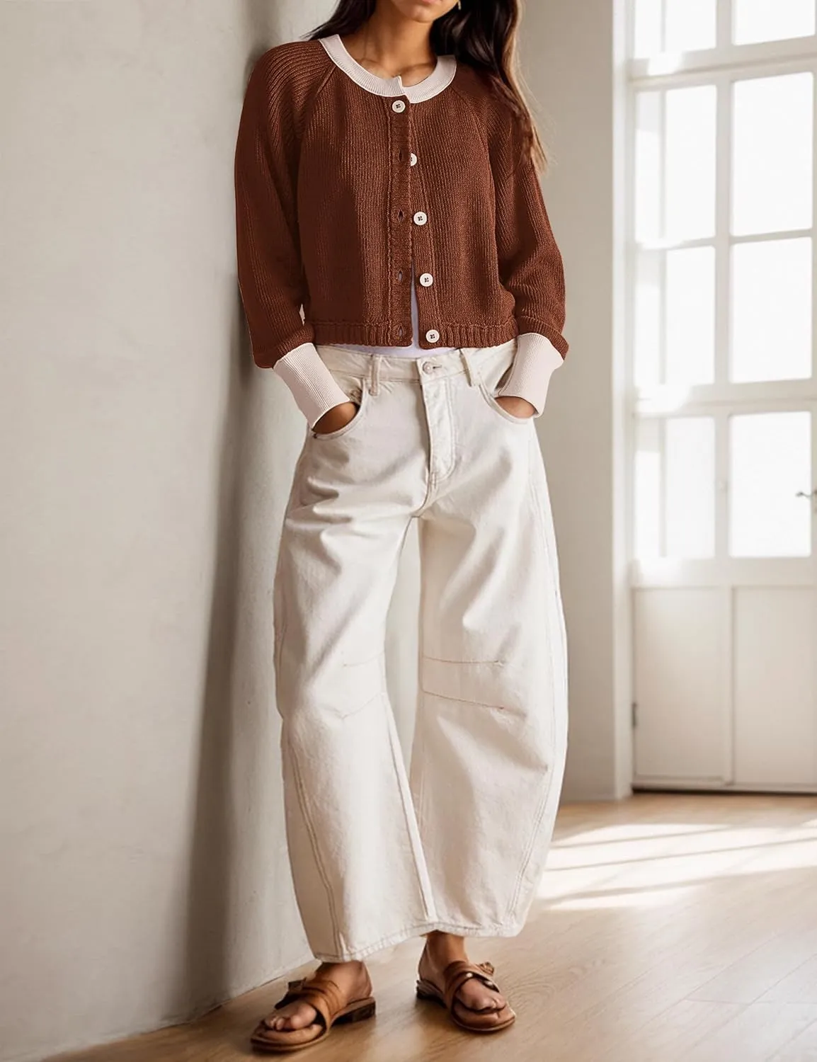 Women's Color Block Button Down Cardigan Sweaters Long Sleeve Slim Fit Trendy Round Neck Knitted Cardigans