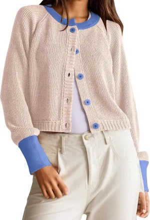 Women's Color Block Button Down Cardigan Sweaters Long Sleeve Slim Fit Trendy Round Neck Knitted Cardigans