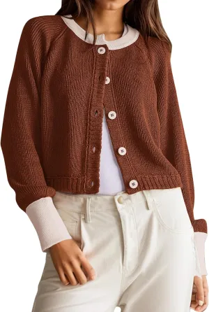 Women's Color Block Button Down Cardigan Sweaters Long Sleeve Slim Fit Trendy Round Neck Knitted Cardigans