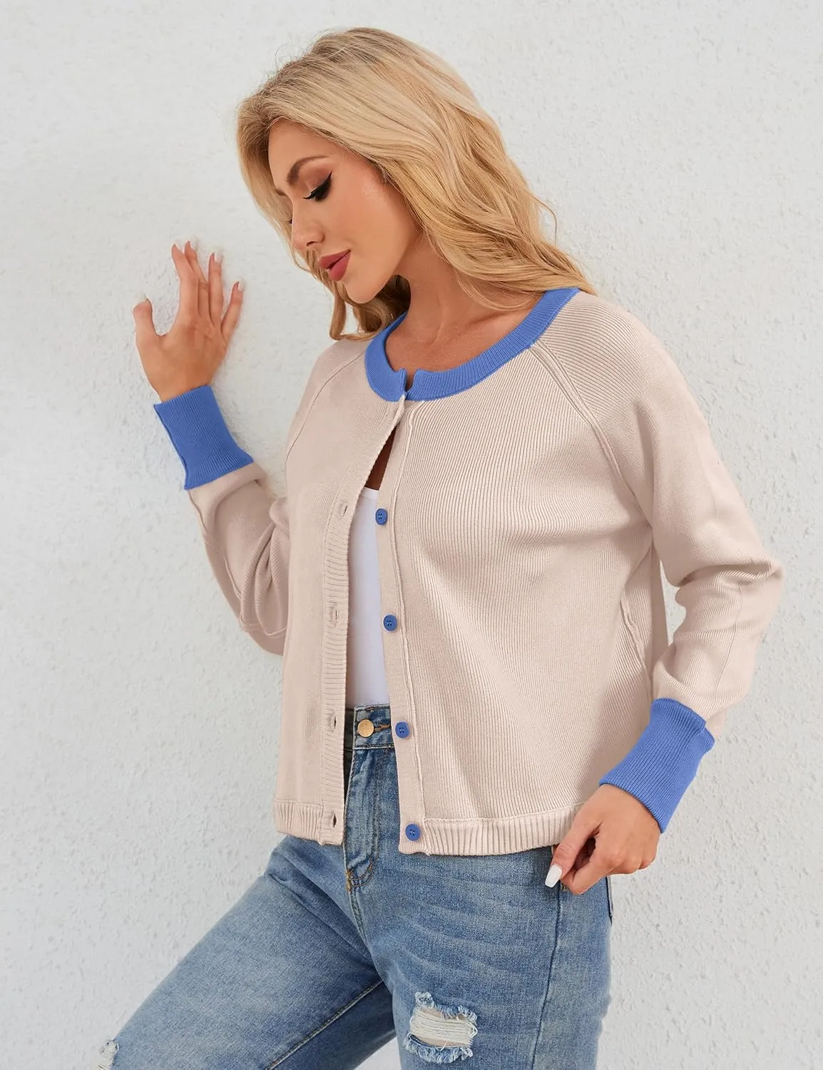 Women's Color Block Button Down Cardigan Sweaters Long Sleeve Slim Fit Trendy Round Neck Knitted Cardigans