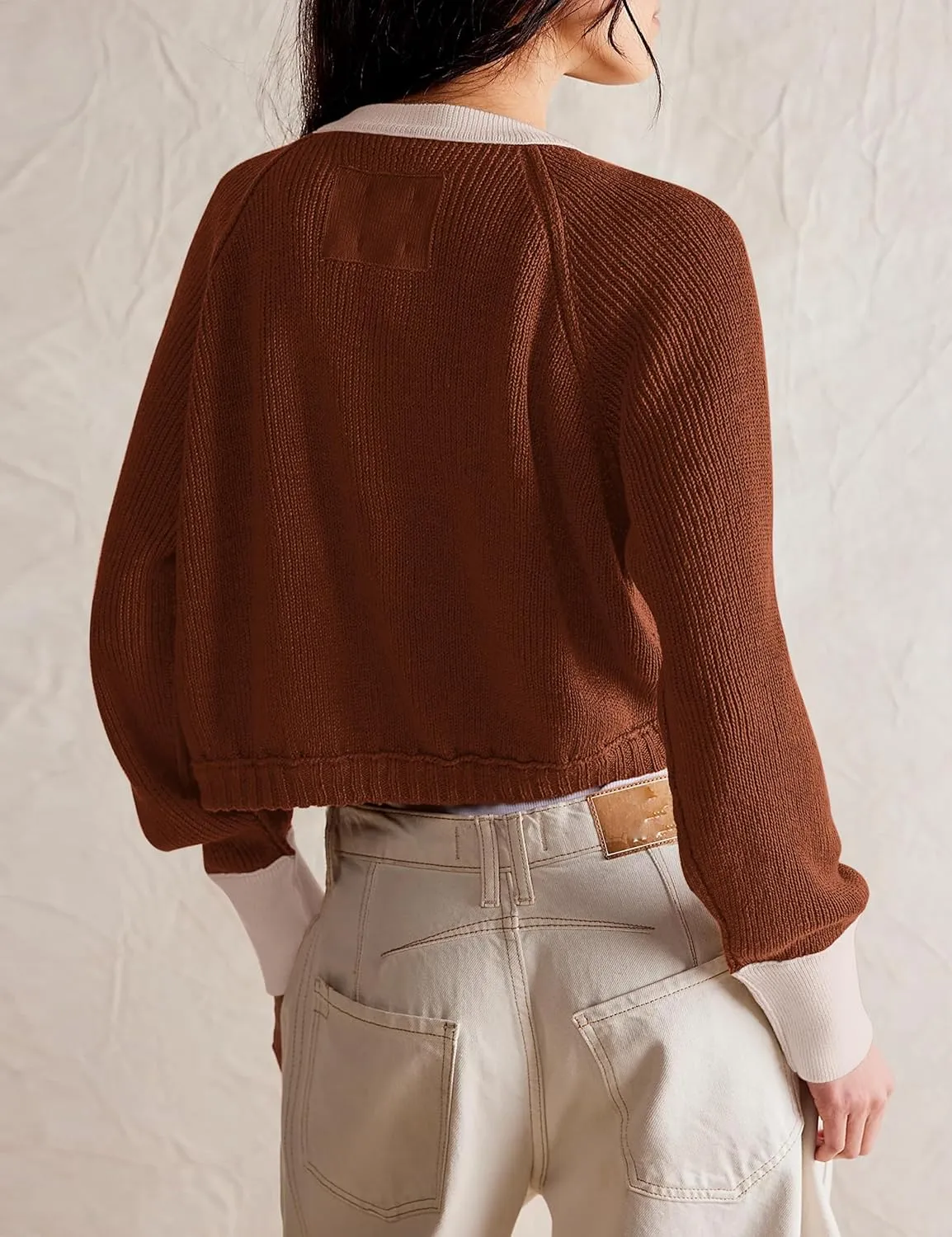 Women's Color Block Button Down Cardigan Sweaters Long Sleeve Slim Fit Trendy Round Neck Knitted Cardigans