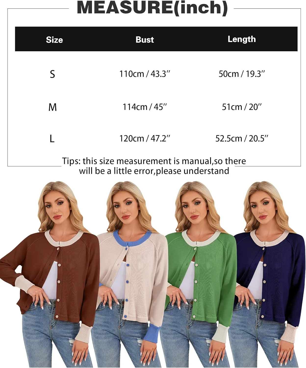 Women's Color Block Button Down Cardigan Sweaters Long Sleeve Slim Fit Trendy Round Neck Knitted Cardigans