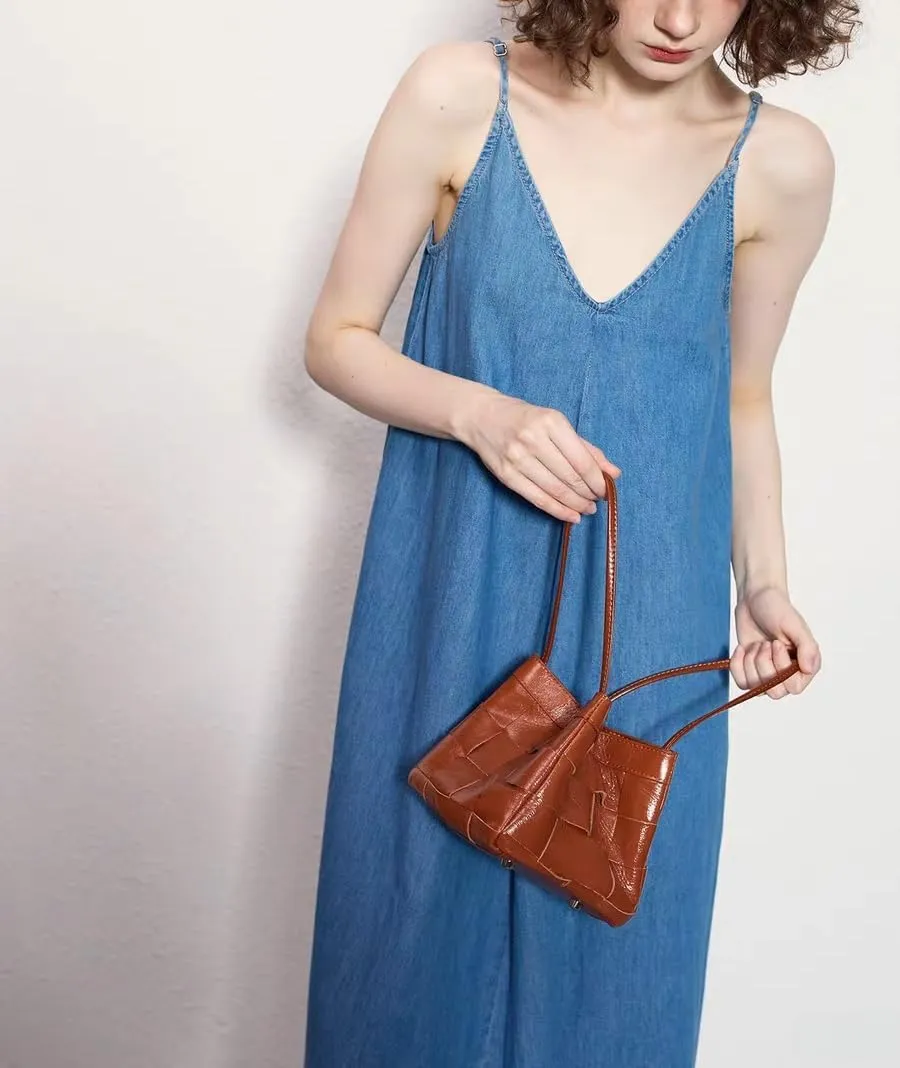 Women's Cowhide Denim Canvas Bucket Woven Box Bag Shoulder Crossbody Bag Versatile Handbag Hobo Vintage Large Capacity
