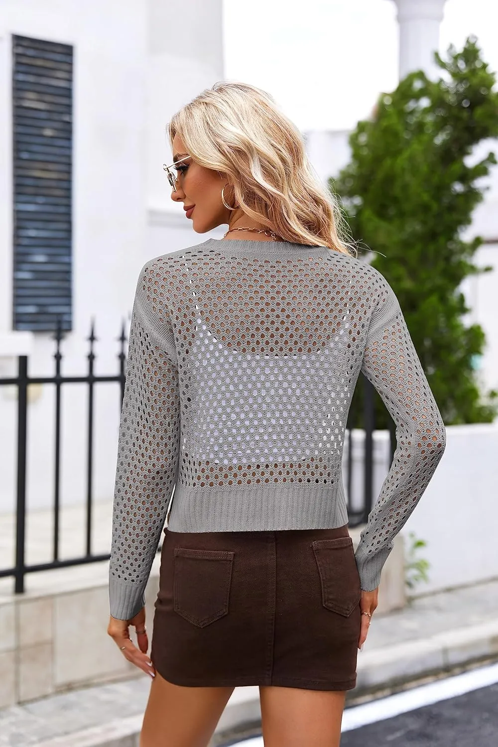 Women's Crochet Mesh Sweaters Hollow Out Long Sleeve Knit Top Bikini Beach Cover Ups