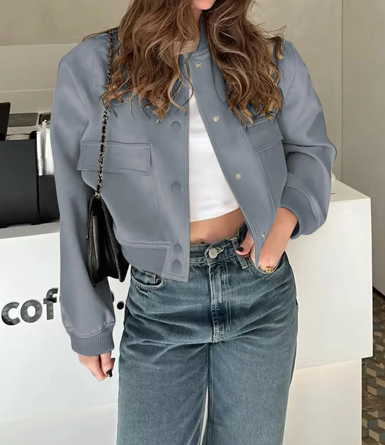 womens Cropped Bomber Jacket Button Down Varsity Jackets Shackets With Pockets