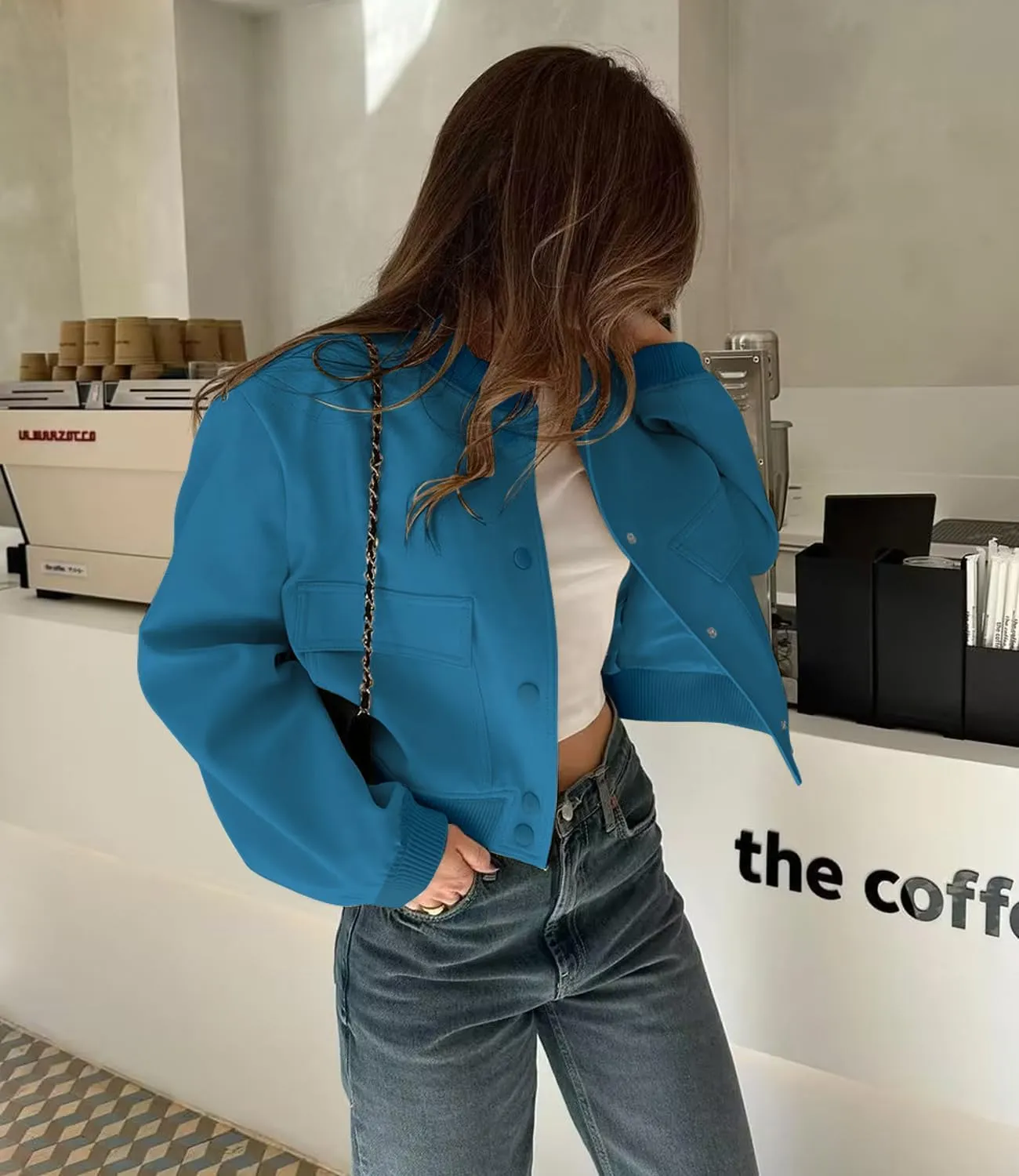 womens Cropped Bomber Jacket Button Down Varsity Jackets Shackets With Pockets