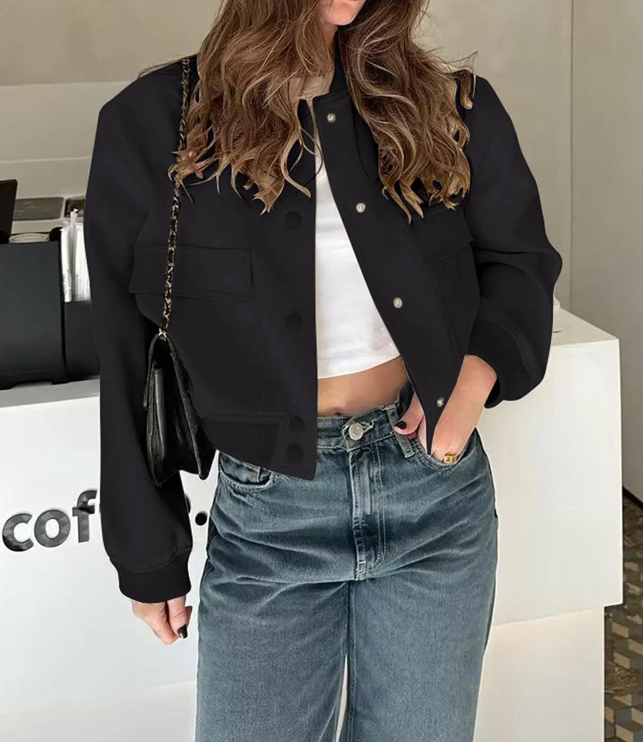 womens Cropped Bomber Jacket Button Down Varsity Jackets Shackets With Pockets