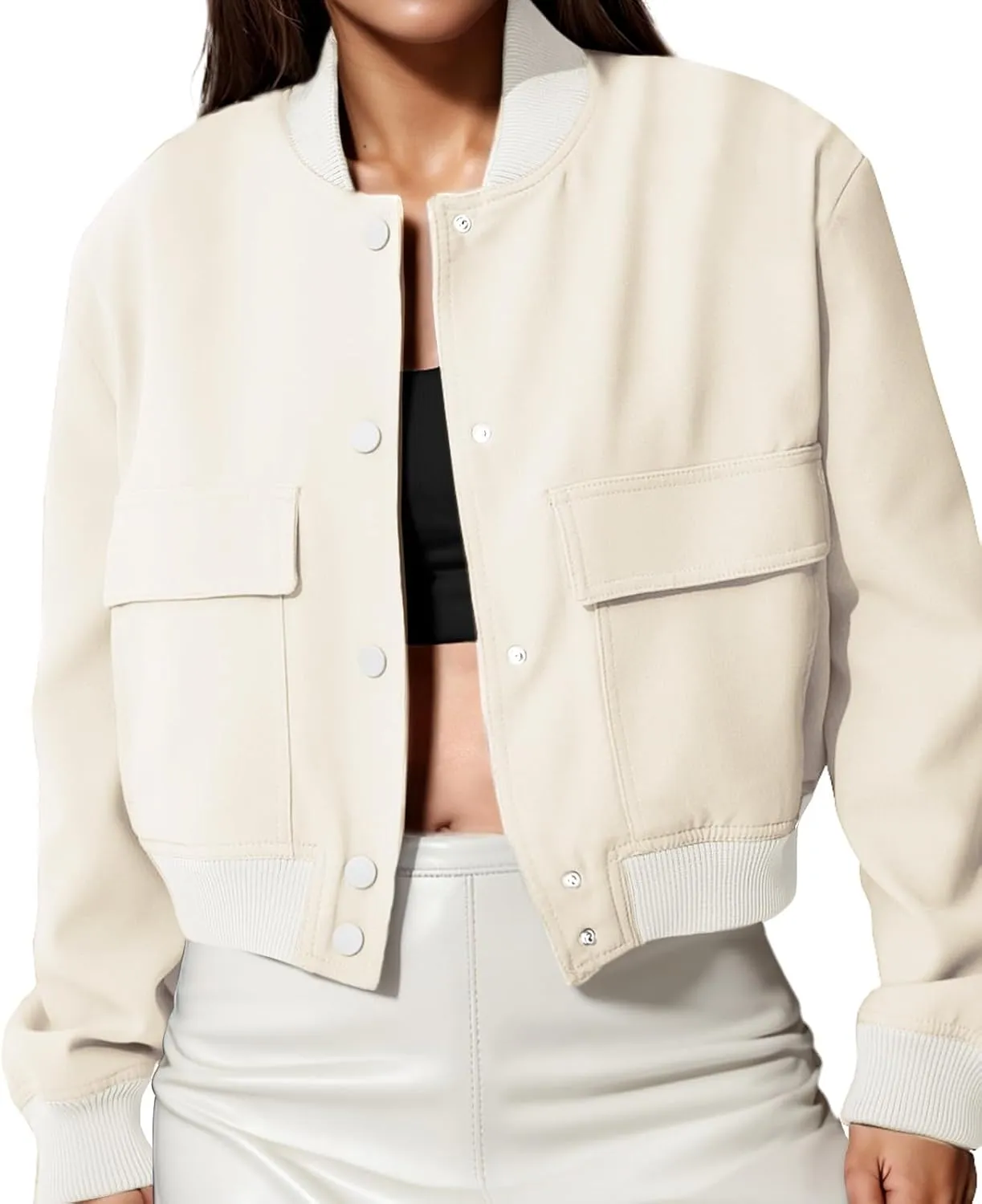 womens Cropped Bomber Jacket Button Down Varsity Jackets Shackets With Pockets