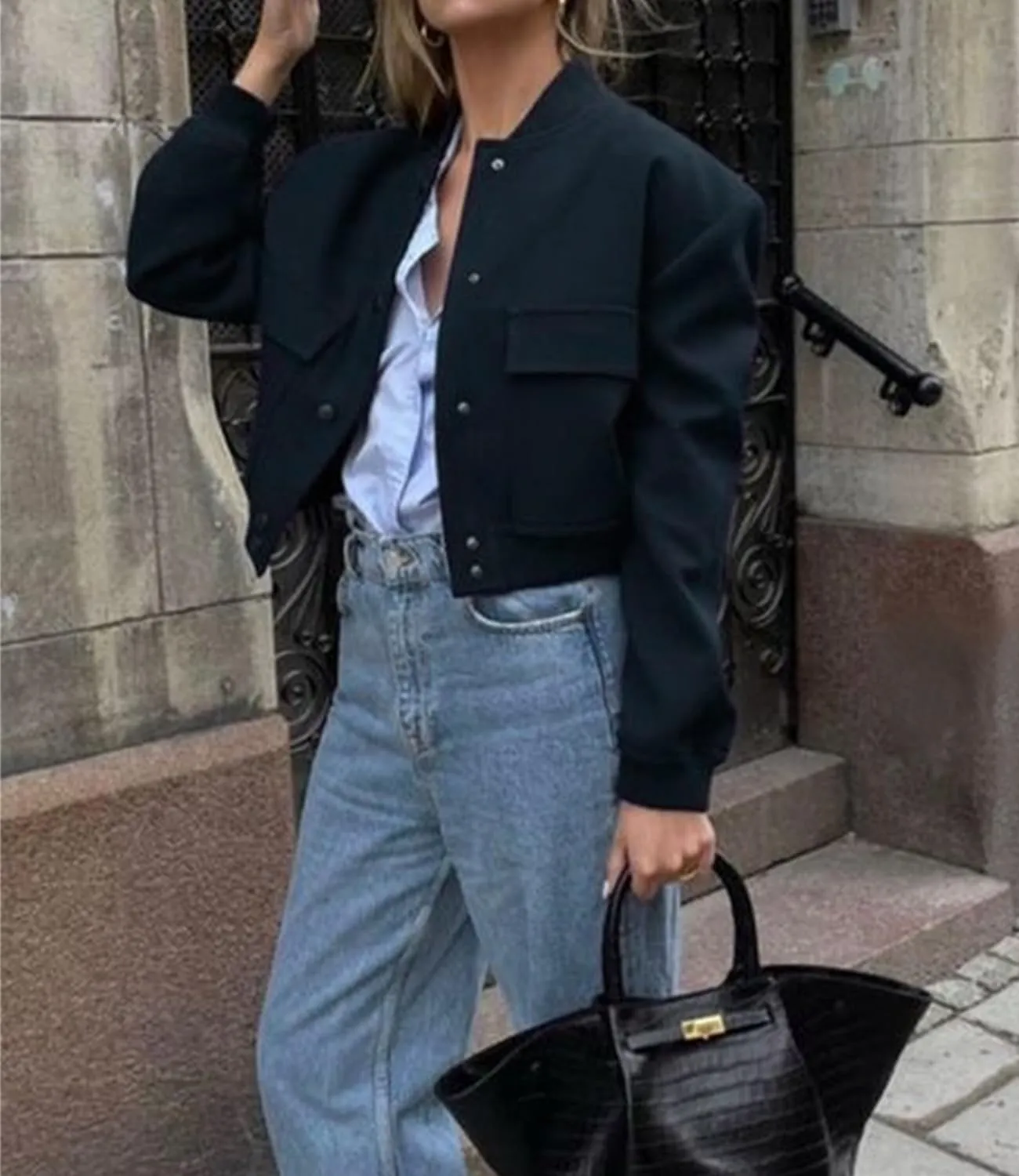 womens Cropped Bomber Jacket Button Down Varsity Jackets Shackets With Pockets