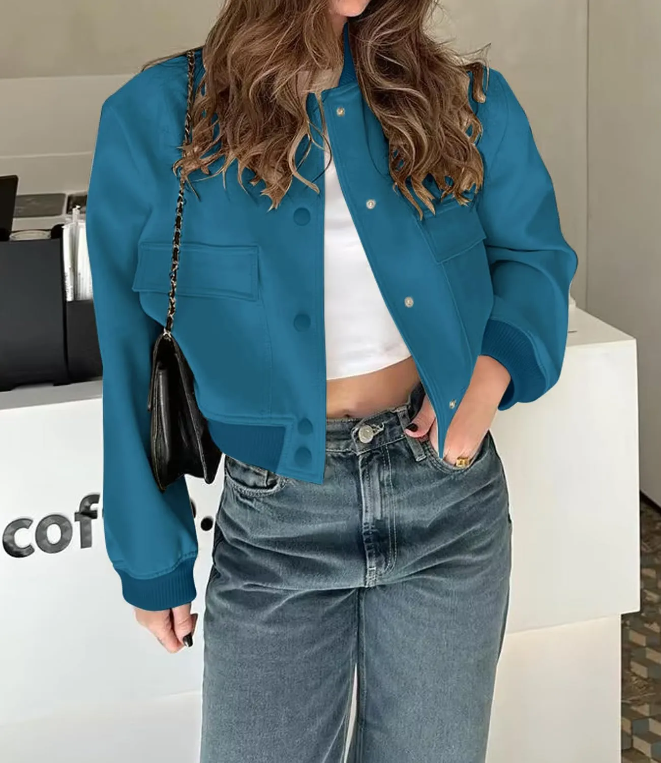 womens Cropped Bomber Jacket Button Down Varsity Jackets Shackets With Pockets