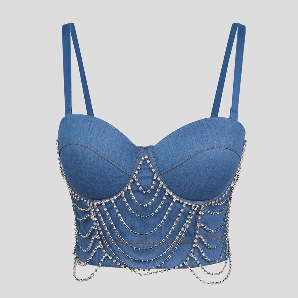 Women's Denim Camisoles Elastic Diamond Chain Herringbone Bra for Outerwear Vest Suspenders Inside