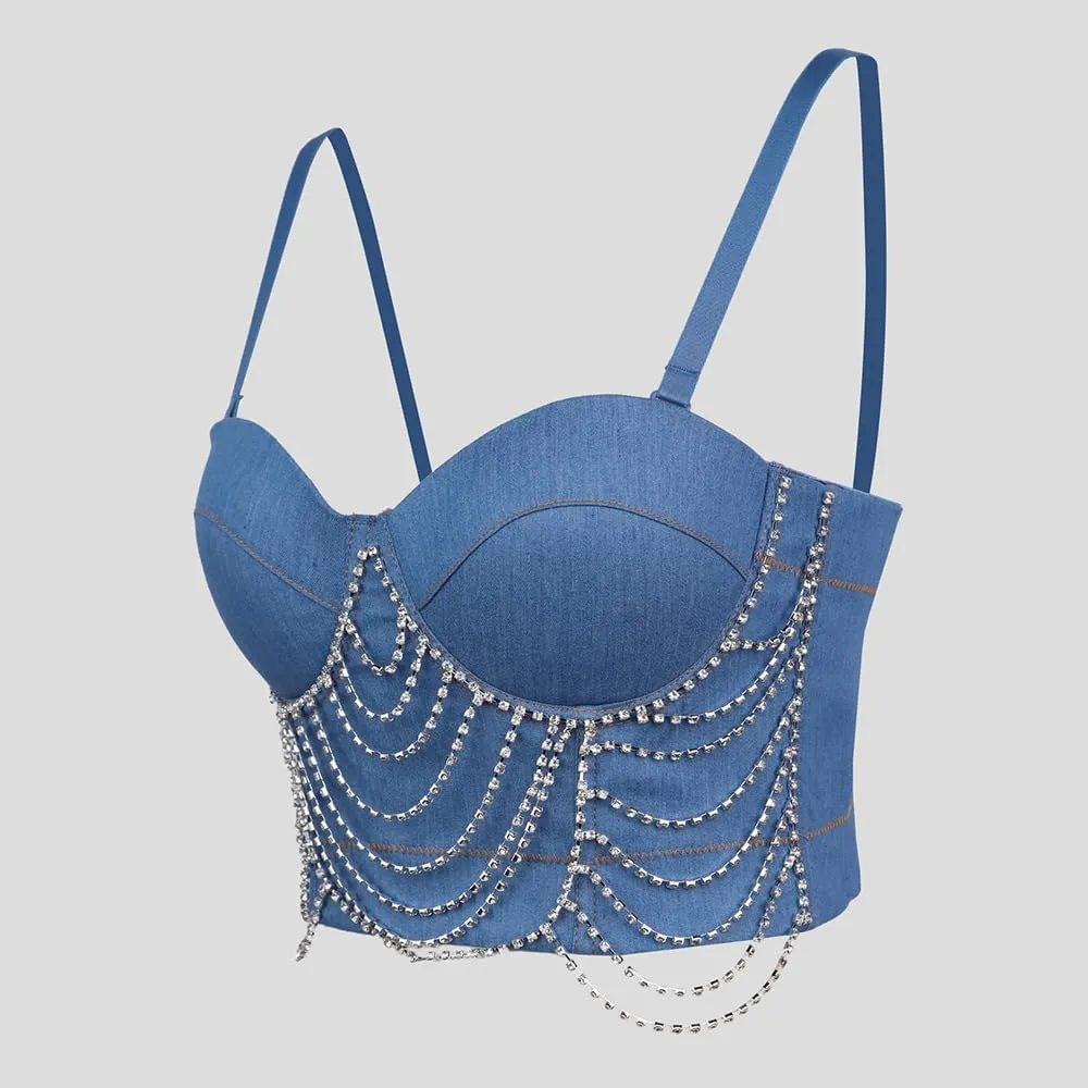 Women's Denim Camisoles Elastic Diamond Chain Herringbone Bra for Outerwear Vest Suspenders Inside