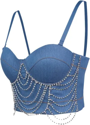 Women's Denim Camisoles Elastic Diamond Chain Herringbone Bra for Outerwear Vest Suspenders Inside