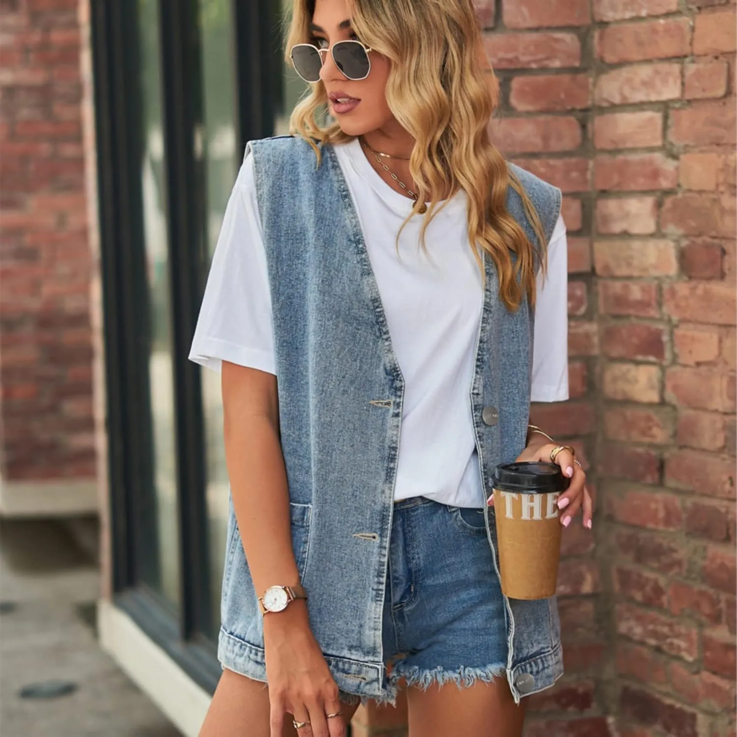 Women's Denim Jean Vest Oversized Jacket Button Down Sleeveless Outerwear Waistcoat Jacket