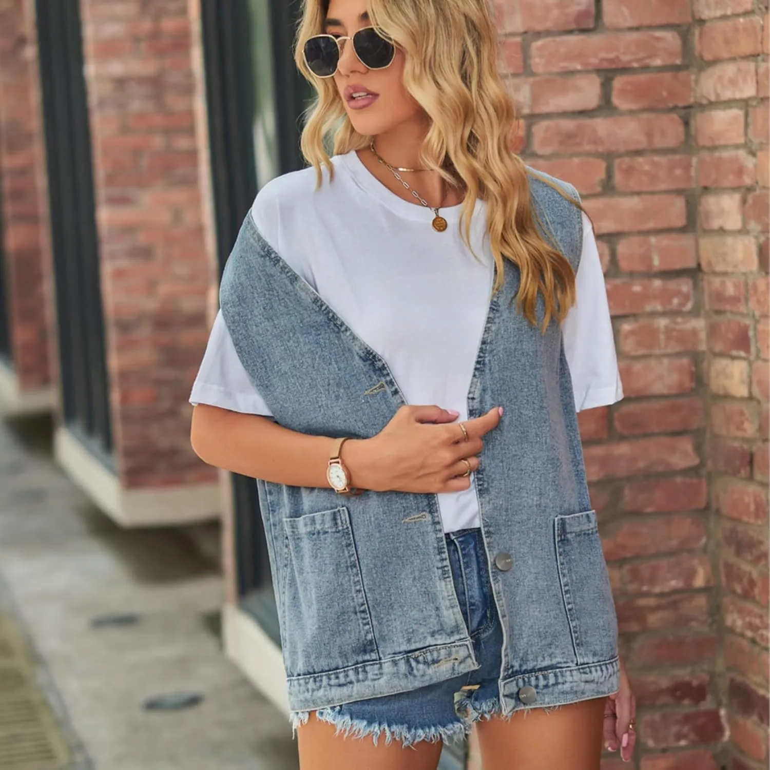 Women's Denim Jean Vest Oversized Jacket Button Down Sleeveless Outerwear Waistcoat Jacket
