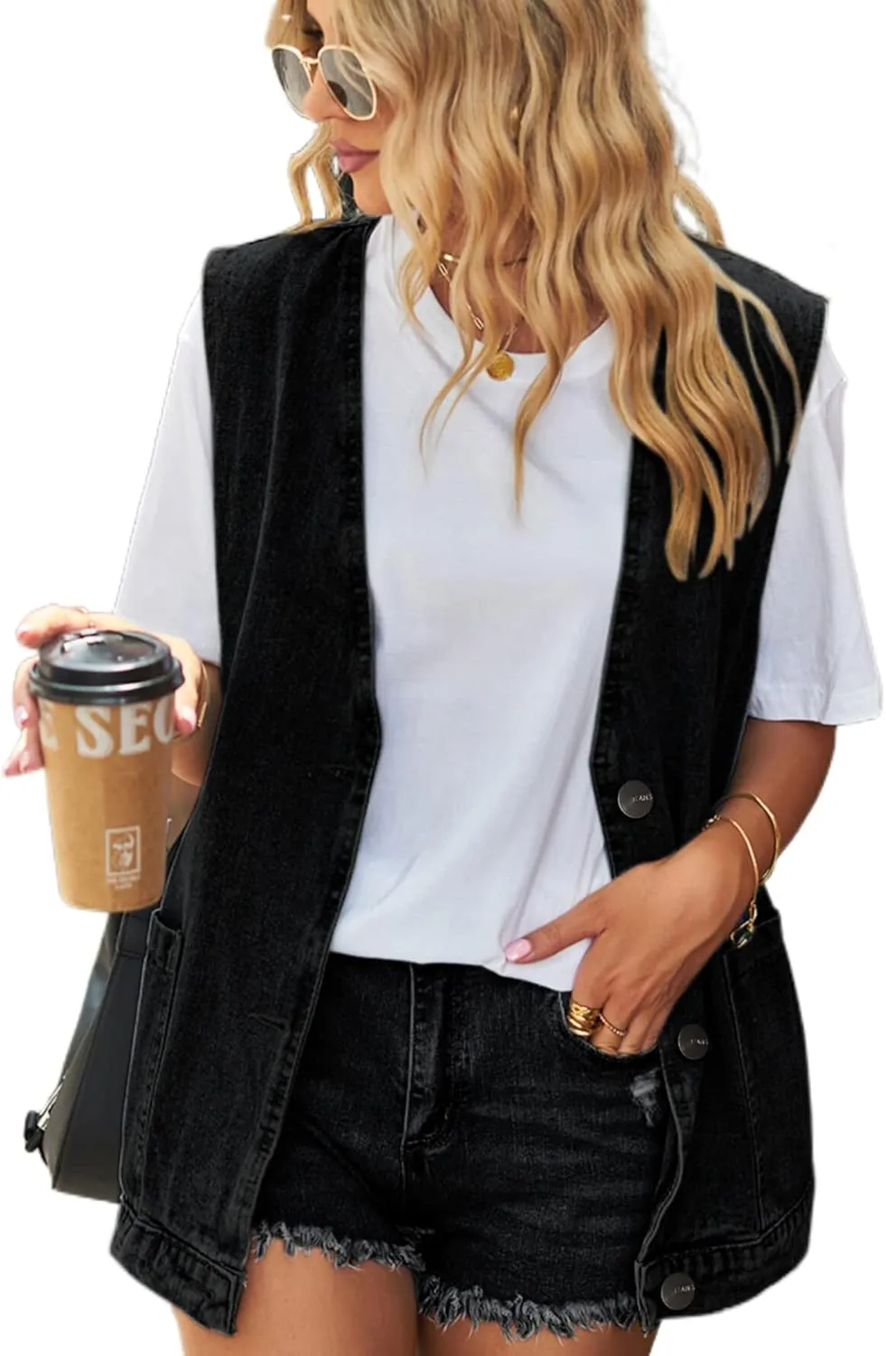 Women's Denim Jean Vest Oversized Jacket Button Down Sleeveless Outerwear Waistcoat Jacket