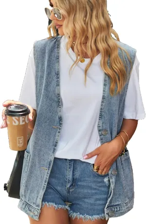 Women's Denim Jean Vest Oversized Jacket Button Down Sleeveless Outerwear Waistcoat Jacket