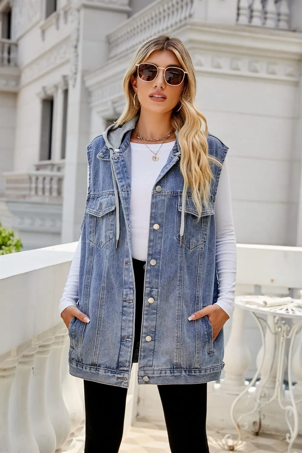 Women's Denim Vest Oversized Jean Lapel Sleeveless Button Down Outerwear Waistcoat Jacket
