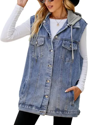 Women's Denim Vest Oversized Jean Lapel Sleeveless Button Down Outerwear Waistcoat Jacket