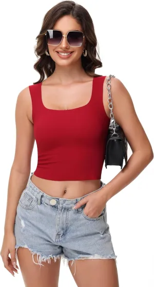 Women's Double-Layered Widened Square Neck Tank Top with Built-in Bra Pads Sleeveless Air Touch Fabric