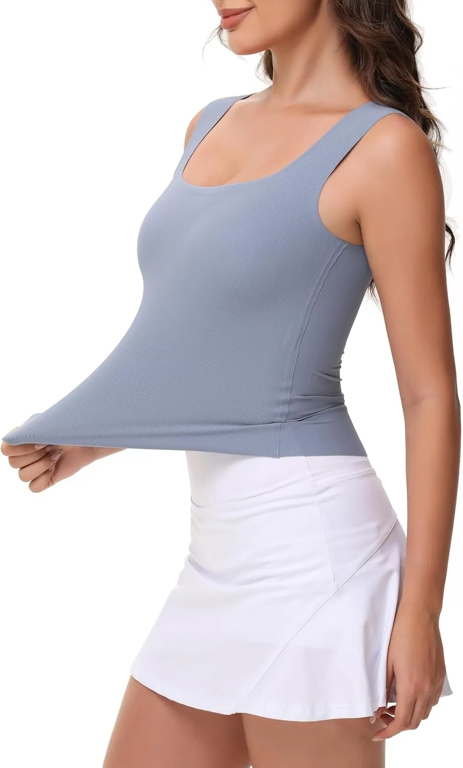 Women's Double-Layered Widened Square Neck Tank Top with Built-in Bra Pads Sleeveless Air Touch Fabric