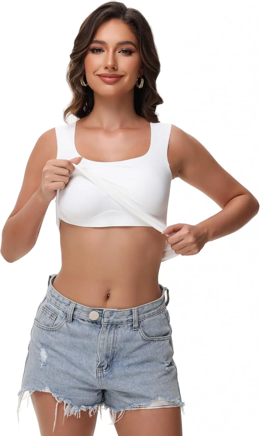 Women's Double-Layered Widened Square Neck Tank Top with Built-in Bra Pads Sleeveless Air Touch Fabric