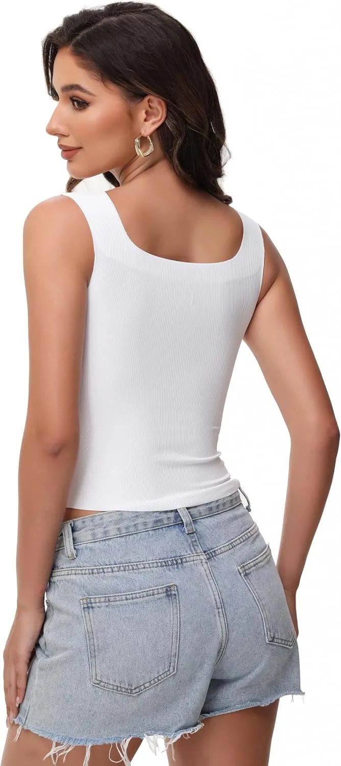 Women's Double-Layered Widened Square Neck Tank Top with Built-in Bra Pads Sleeveless Air Touch Fabric