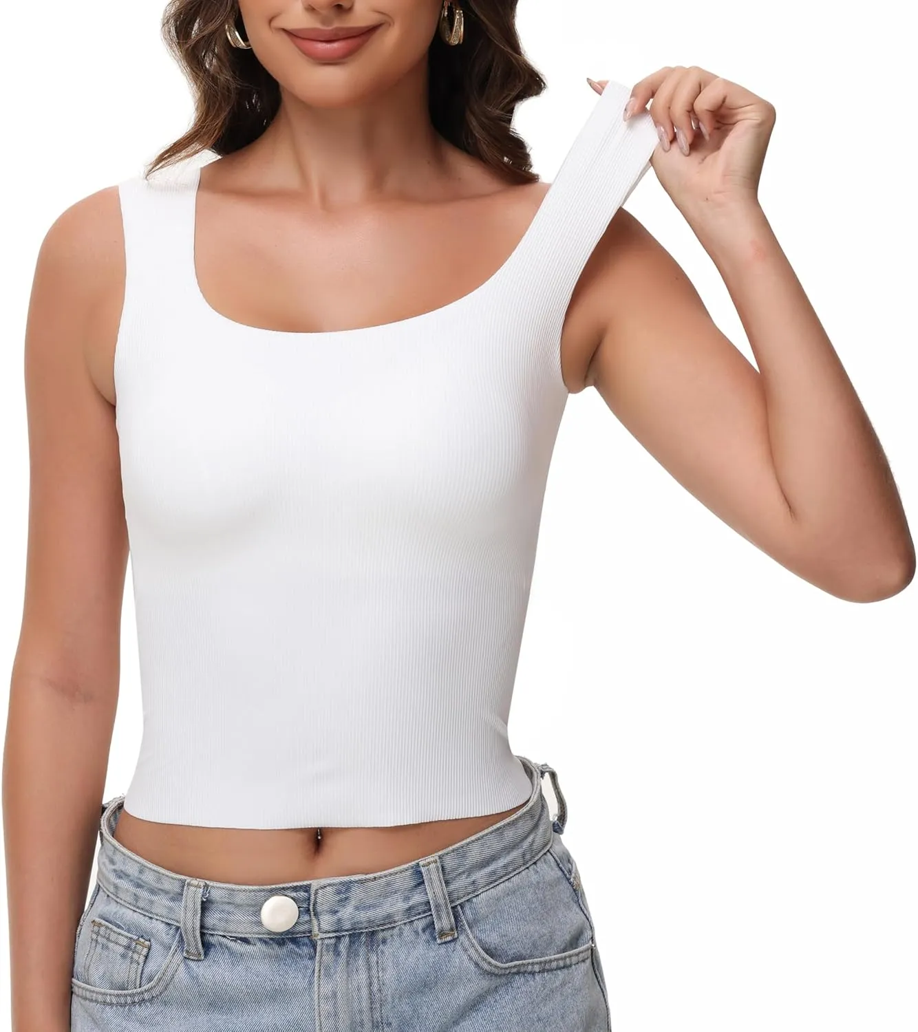 Women's Double-Layered Widened Square Neck Tank Top with Built-in Bra Pads Sleeveless Air Touch Fabric