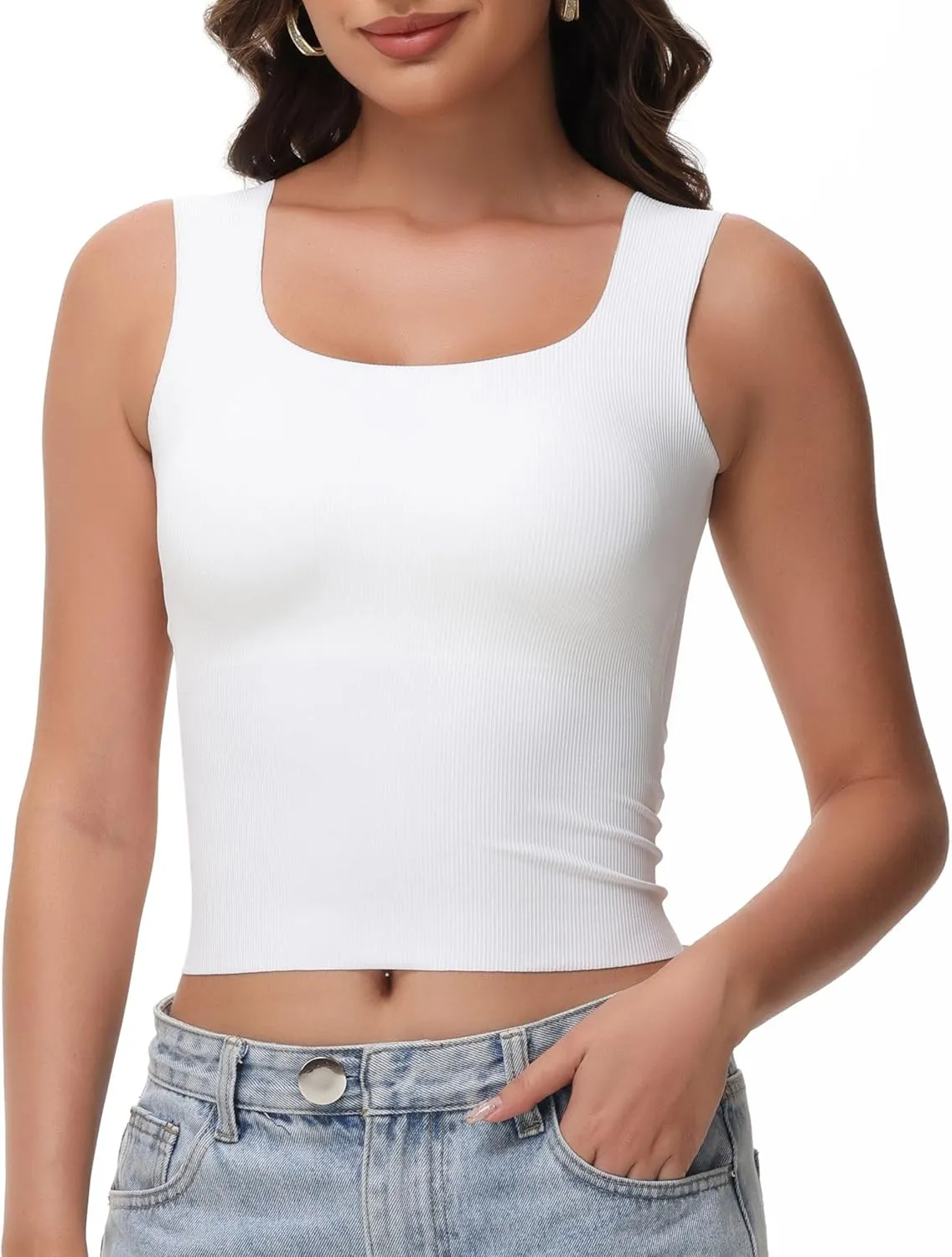 Women's Double-Layered Widened Square Neck Tank Top with Built-in Bra Pads Sleeveless Air Touch Fabric