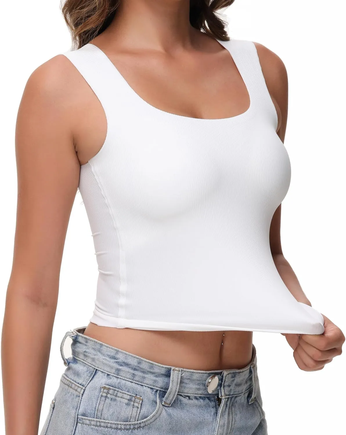 Women's Double-Layered Widened Square Neck Tank Top with Built-in Bra Pads Sleeveless Air Touch Fabric