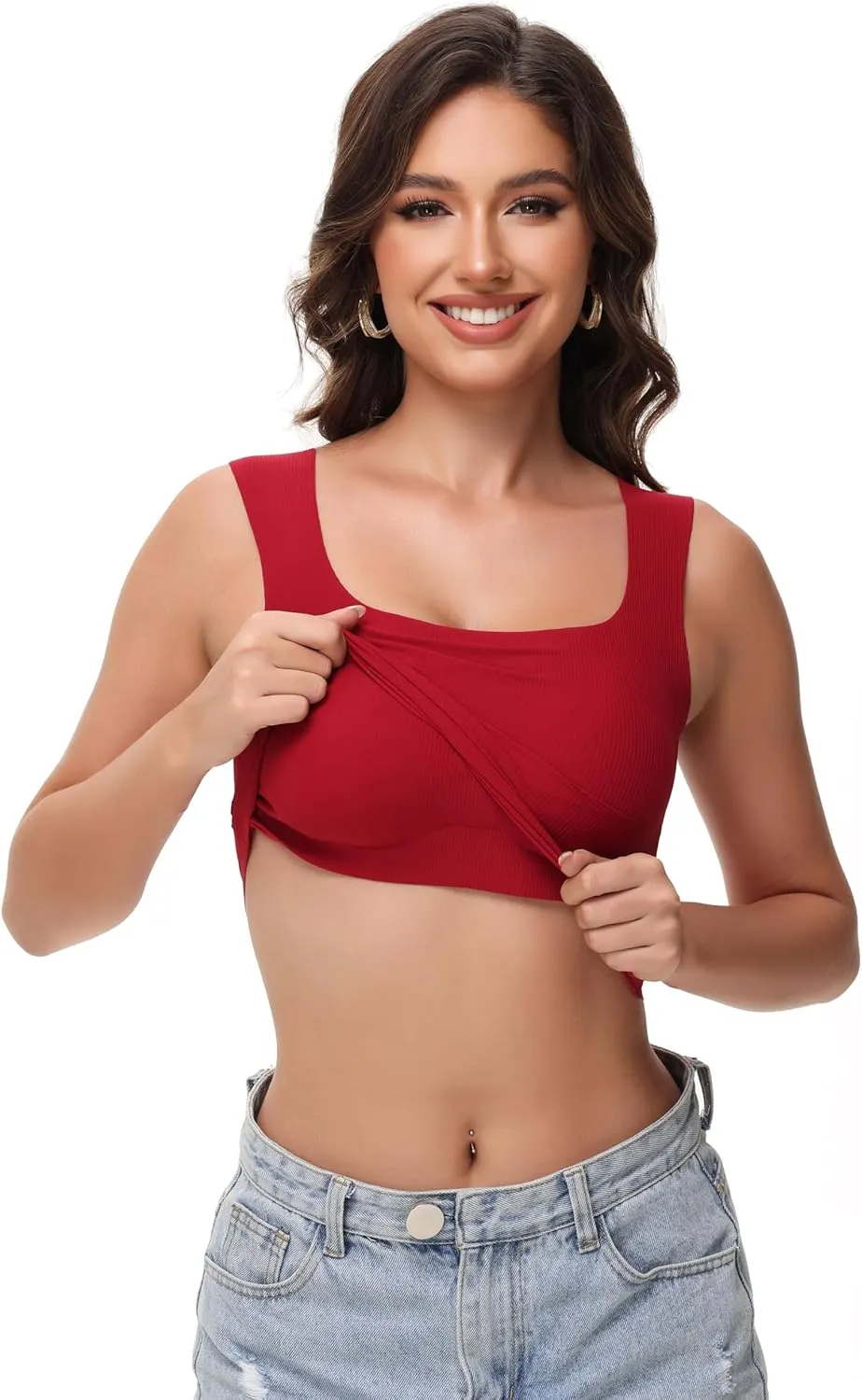 Women's Double-Layered Widened Square Neck Tank Top with Built-in Bra Pads Sleeveless Air Touch Fabric