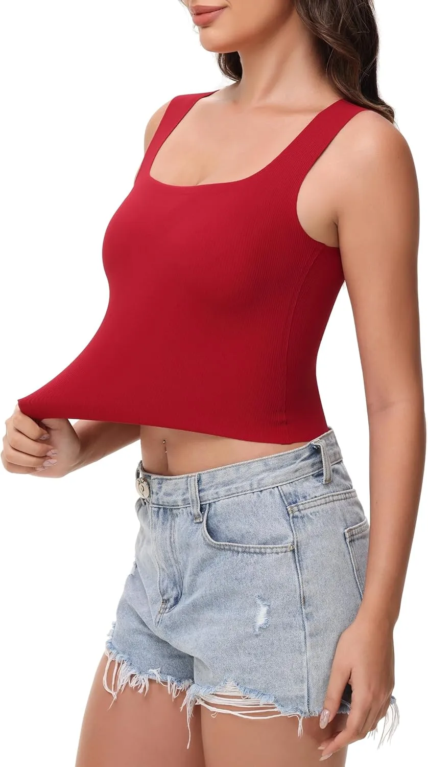 Women's Double-Layered Widened Square Neck Tank Top with Built-in Bra Pads Sleeveless Air Touch Fabric