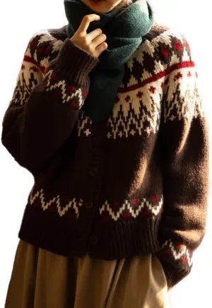 Women's Fair Isle Cardigan Sweaters Vintage Ethnic Argyle Long Sleeve Button Down Pullover Knit Sweater