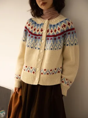 Women's Fair Isle Cardigan Sweaters Vintage Ethnic Argyle Long Sleeve Button Down Pullover Knit Sweater