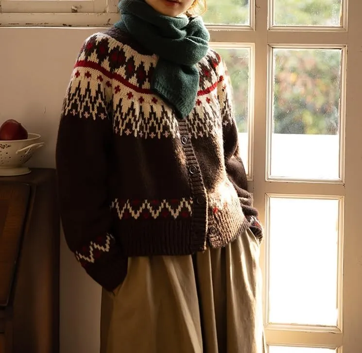 Women's Fair Isle Cardigan Sweaters Vintage Ethnic Argyle Long Sleeve Button Down Pullover Knit Sweater