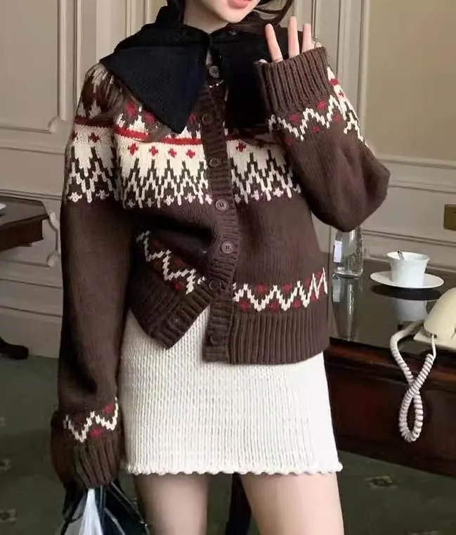 Women's Fair Isle Cardigan Sweaters Vintage Ethnic Argyle Long Sleeve Button Down Pullover Knit Sweater