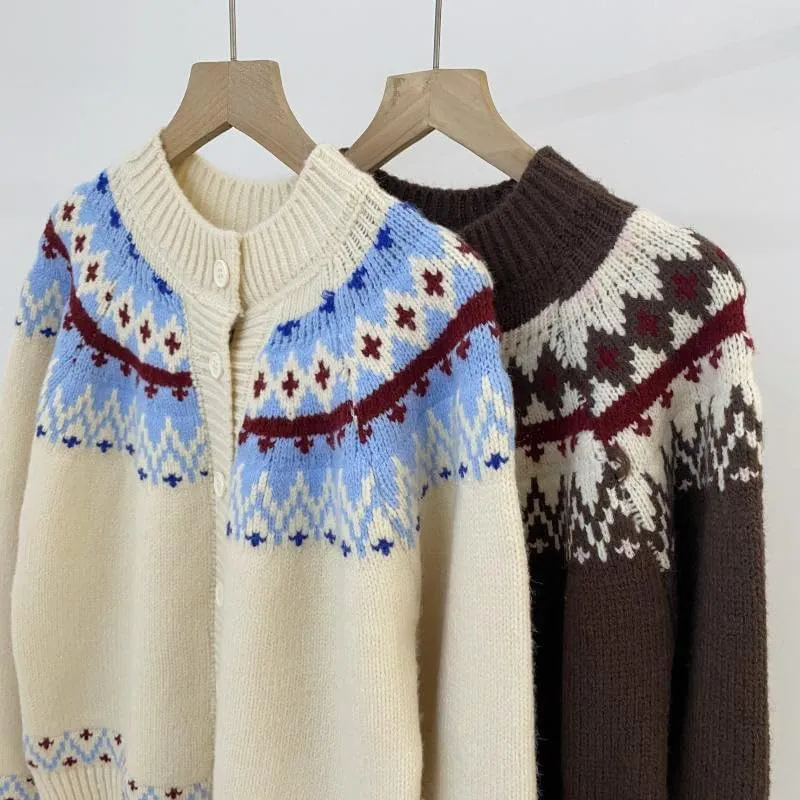 Women's Fair Isle Cardigan Sweaters Vintage Ethnic Argyle Long Sleeve Button Down Pullover Knit Sweater