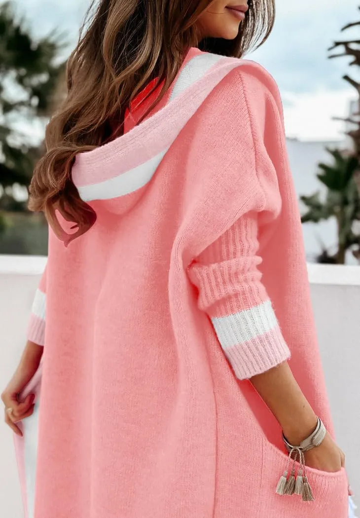Women's Fall Casual 2024 Color Block Open Front Cardigan Oversized Hooded Long Coatigan Coat Sweaters