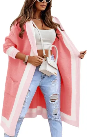 Women's Fall Casual 2024 Color Block Open Front Cardigan Oversized Hooded Long Coatigan Coat Sweaters