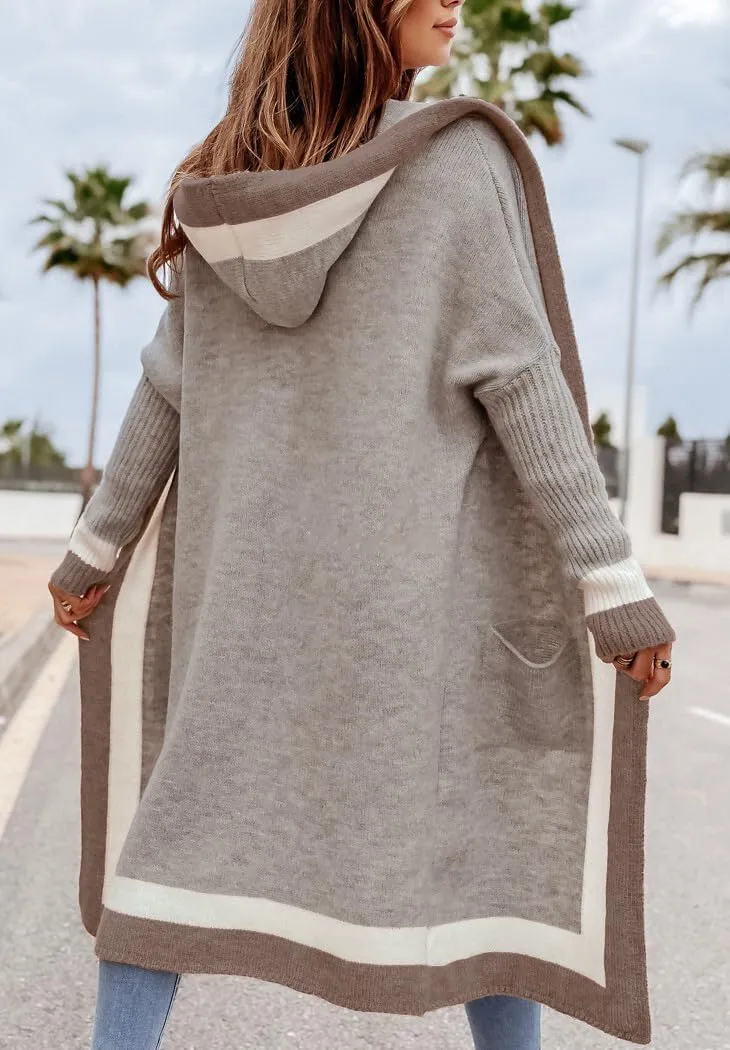 Women's Fall Casual 2024 Color Block Open Front Cardigan Oversized Hooded Long Coatigan Coat Sweaters