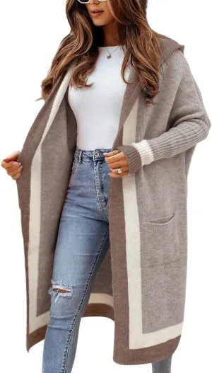 Women's Fall Casual 2024 Color Block Open Front Cardigan Oversized Hooded Long Coatigan Coat Sweaters