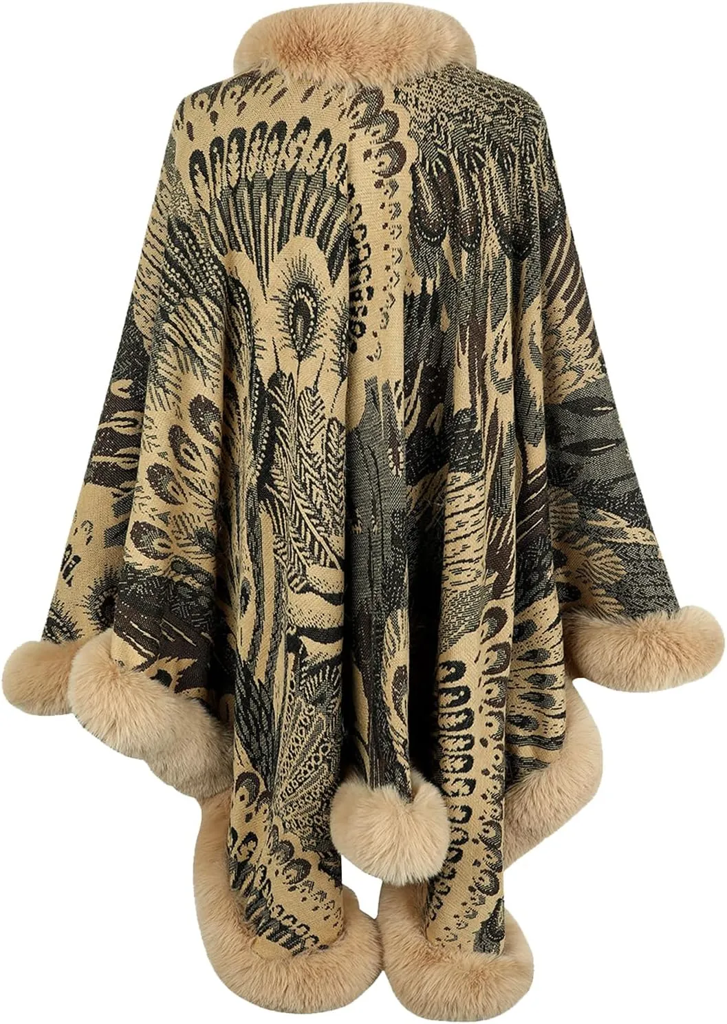 Womens Faux Fur Trim Coat Shawls Wrap Winter Vintage Open Front Cardigan Poncho Cape Cloak