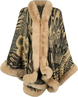 Womens Faux Fur Trim Coat Shawls Wrap Winter Vintage Open Front Cardigan Poncho Cape Cloak