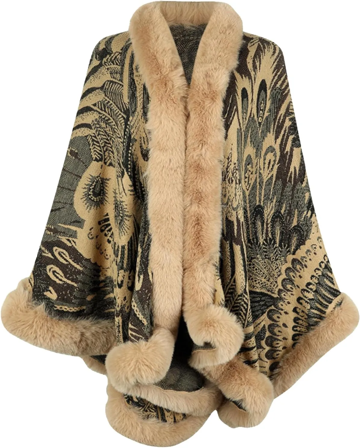 Womens Faux Fur Trim Coat Shawls Wrap Winter Vintage Open Front Cardigan Poncho Cape Cloak