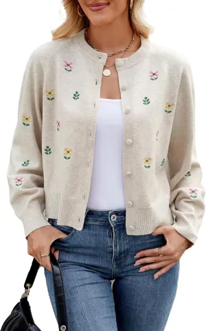 Women's Floral Cardigan Sweaters Button Down Long Sleeve Crew Neck Drop Shoulder Knit Sweater Tops