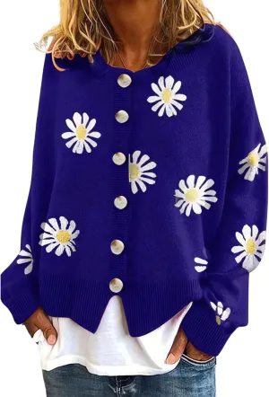 Womens Floral Cardigan Sweaters Open Front Long Sleeve Knit Y2K Lightweigat Daisy Cute Outwear Coats Fall Fahsion 2024